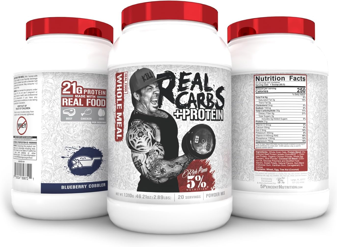 5% Nutrition Rich Piana Real Carbs + Protein | Clean Mass Gainer Protein Powder | Real Food Carbohydrate Fuel for Pre Workout/Post-Workout Recovery Meal | 2.89 Lb, 20 Srvgs (Blueberry Cobbler)