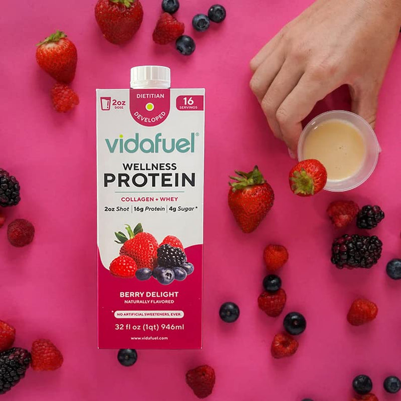 Vidafuel Protein Drink, 16G Protein per 2Oz Shot, 32 Fl Oz Carton, Berry, Collagen and Whey Drink, No Artificial Sweeteners