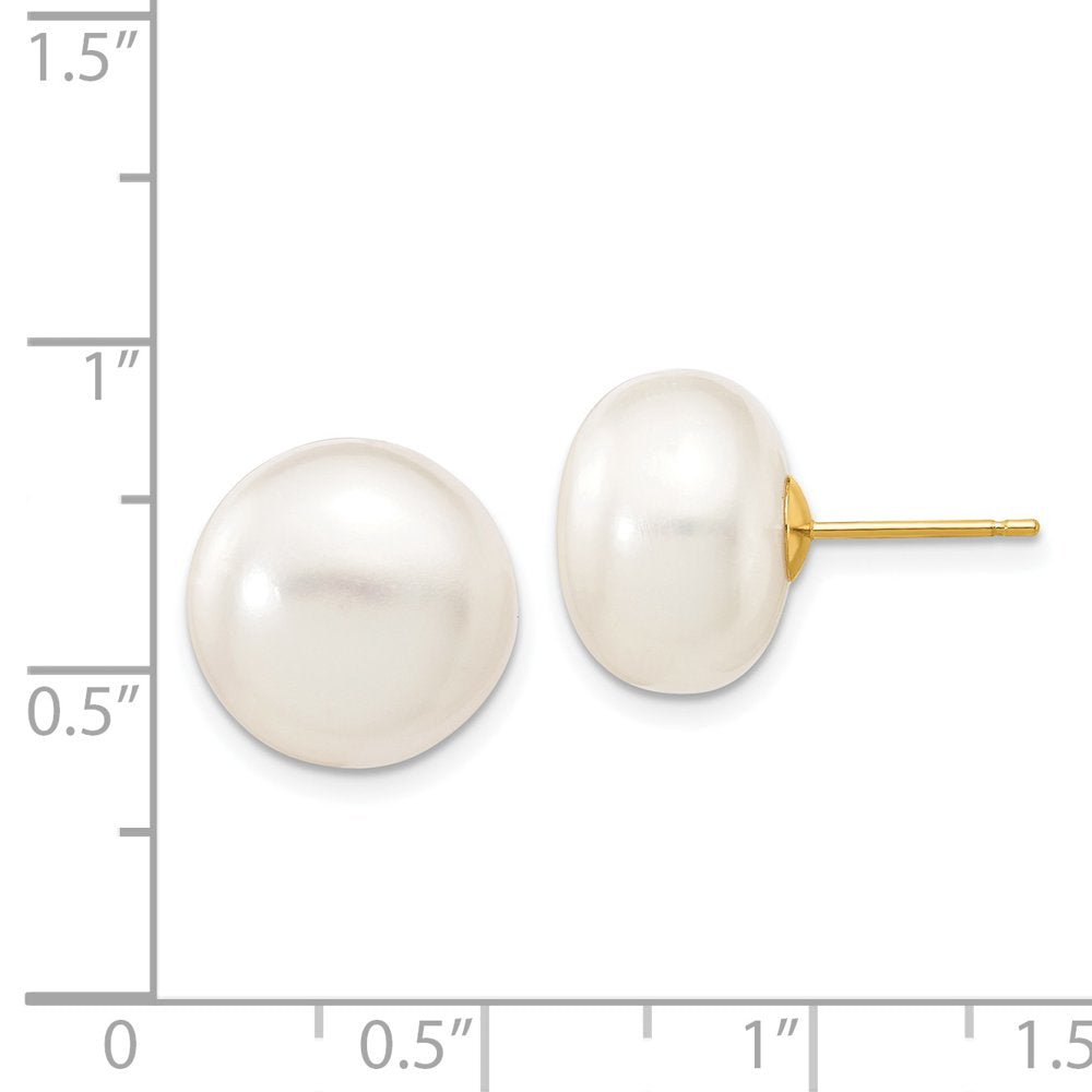 14K 12-13Mm White Button Freshwater Cultured Pearl Stud Post Earrings X120BW