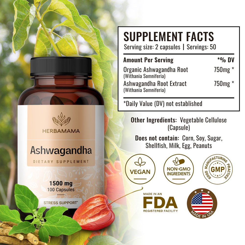 HERBAMAMA Ashwagandha Root Powder Capsules for Energy, Mood and Stress Support, 100 Ct