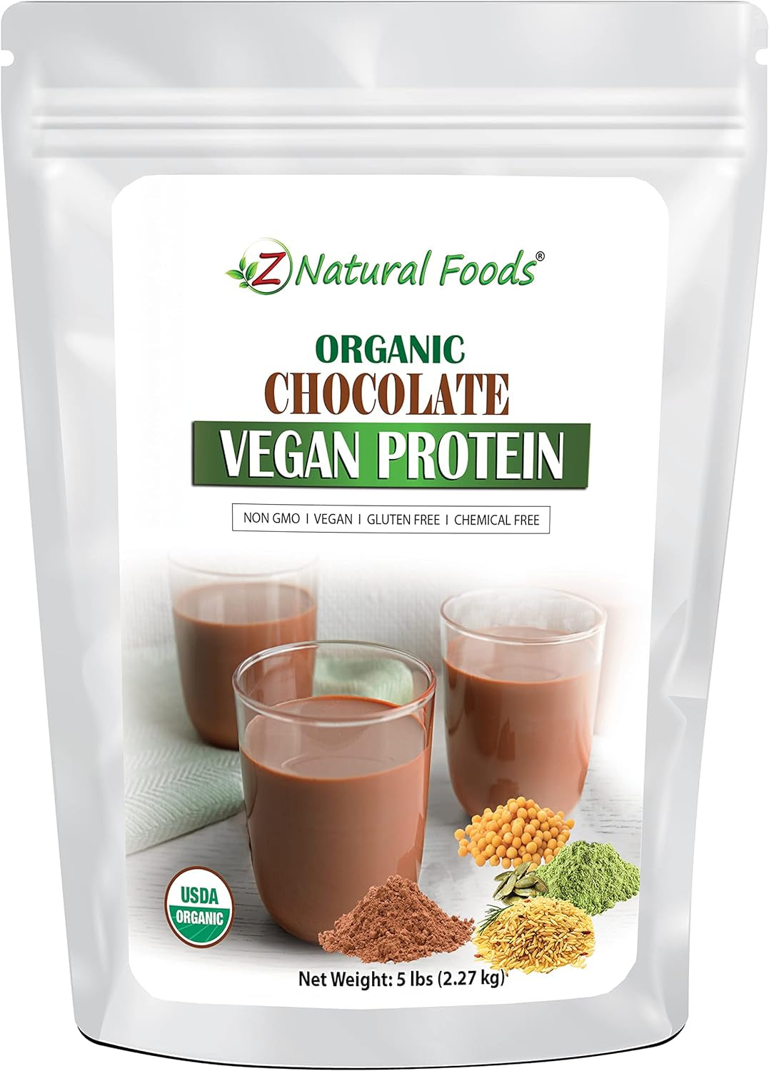 Z Natural Foods Organic Chocolate Vegan Protein Powder - Optimum Protein Blend Sourced from Pea, Brown Rice and Pumpkin with Cacao to Give a Delicious Chocolate Flavor Boost, Vegan, Stevia Sweetened