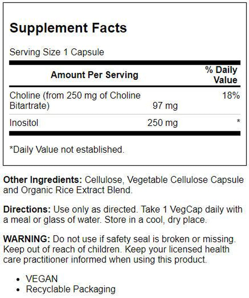 Solaray Choline & Inositol 250 Mg | Two-Nutrient Combo for Healthy Fat Metabolism, Brain Function Support | 100 Vegcaps