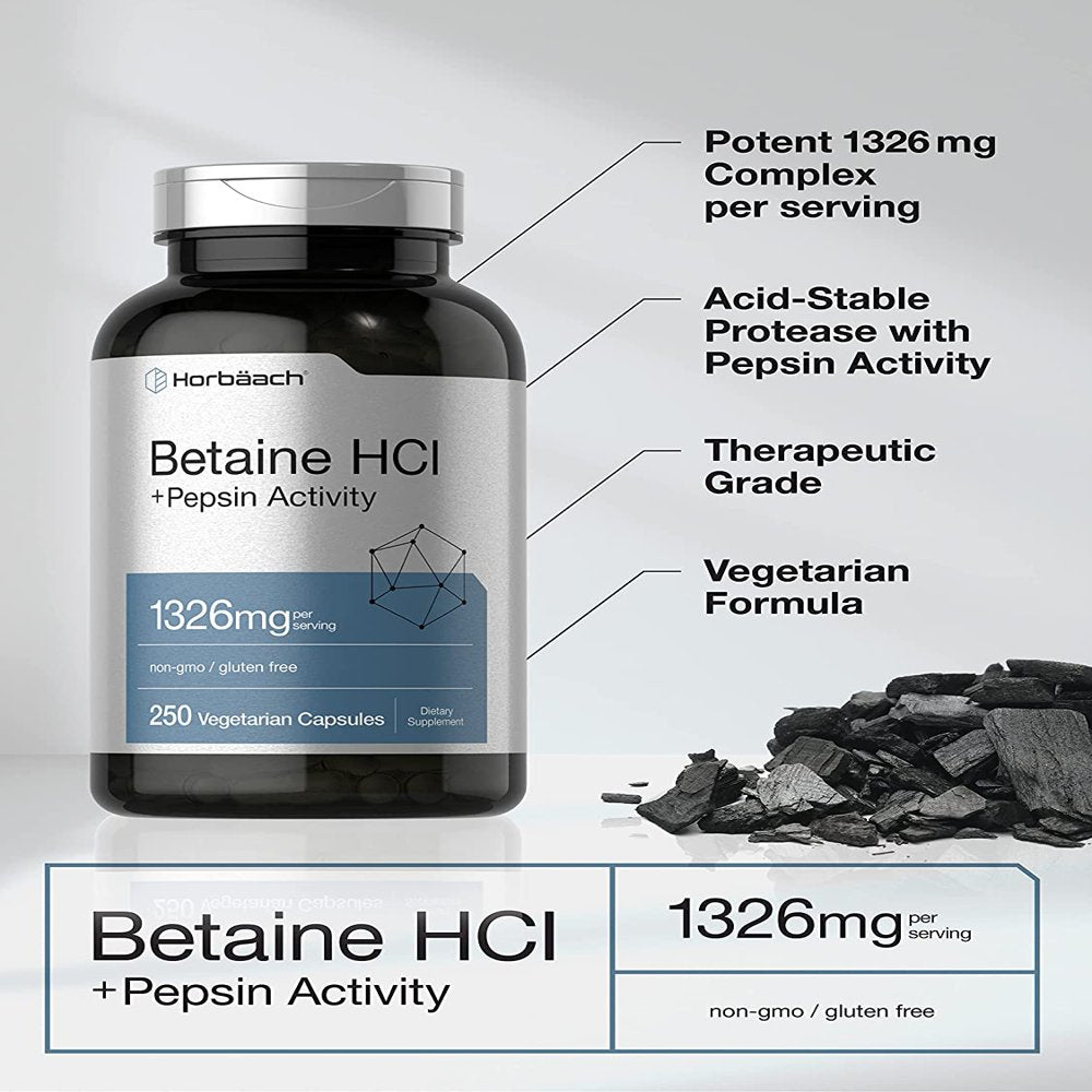 Betaine Hcl with Pepsin | 1326Mg | 250 Vegetarian Capsules | by Horbaach