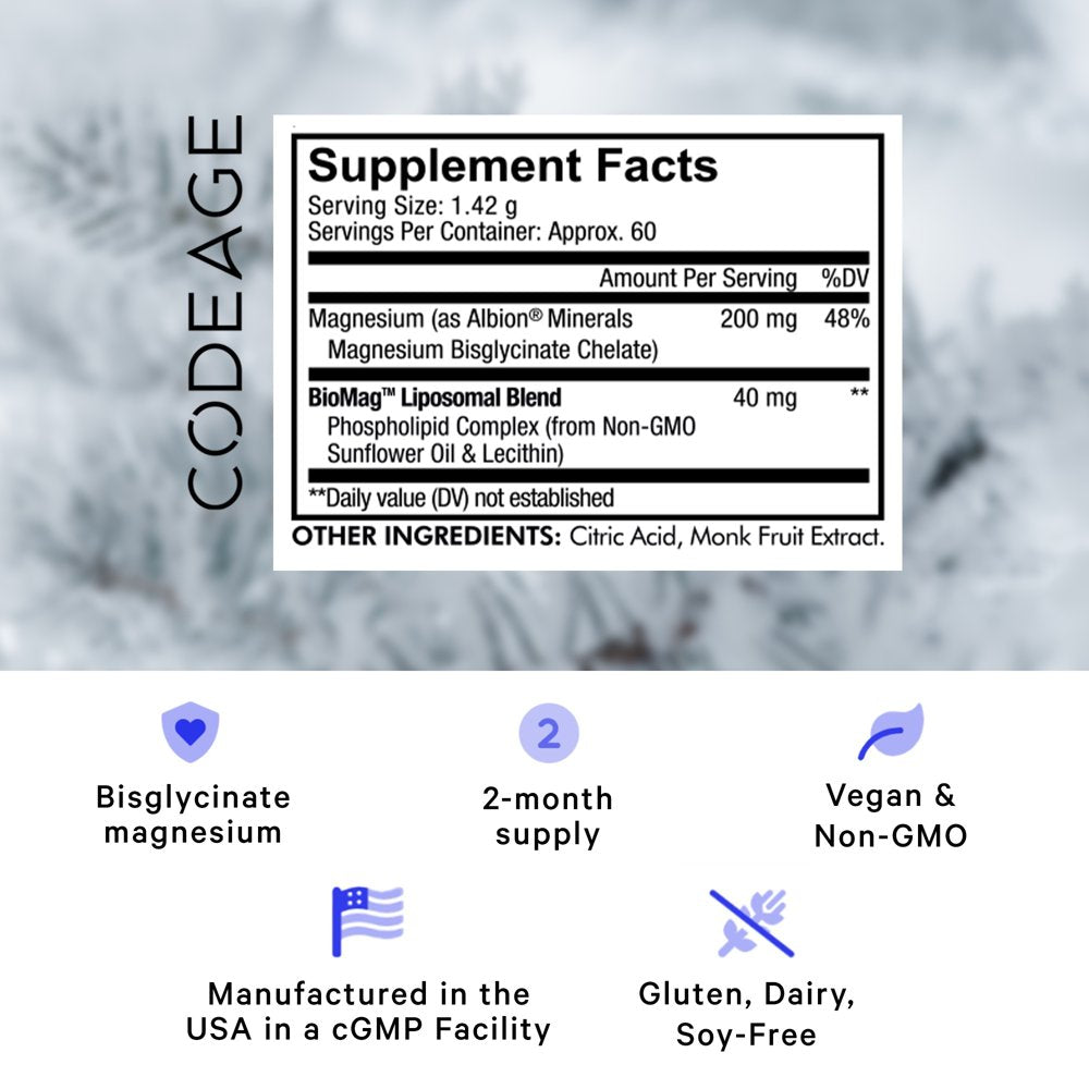 Codeage Magnesium Glycinate Powder, Unflavored Bisglycinate Magnesium Chelated Mineral Non-Gmo, 3 Oz