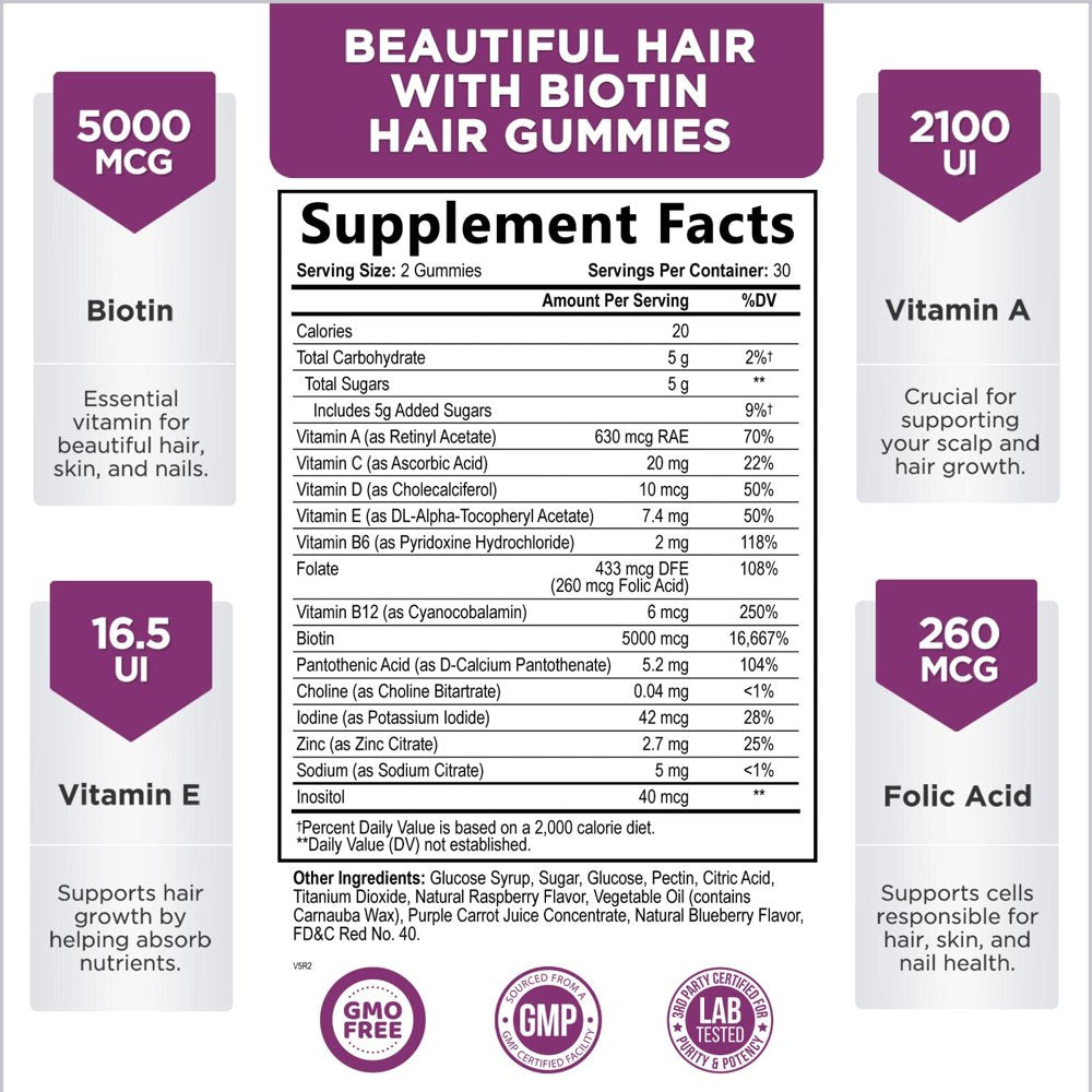 Hair Vitamins Gummies with Biotin 5000 Mcg Vitamin E & C Support Hair Growth Gummy, Premium Vegetarian Non-Gmo, for Stronger, Beautiful Hair, Skin & Nails, Biotin Gummies Supplement - 60 Gummy Bears
