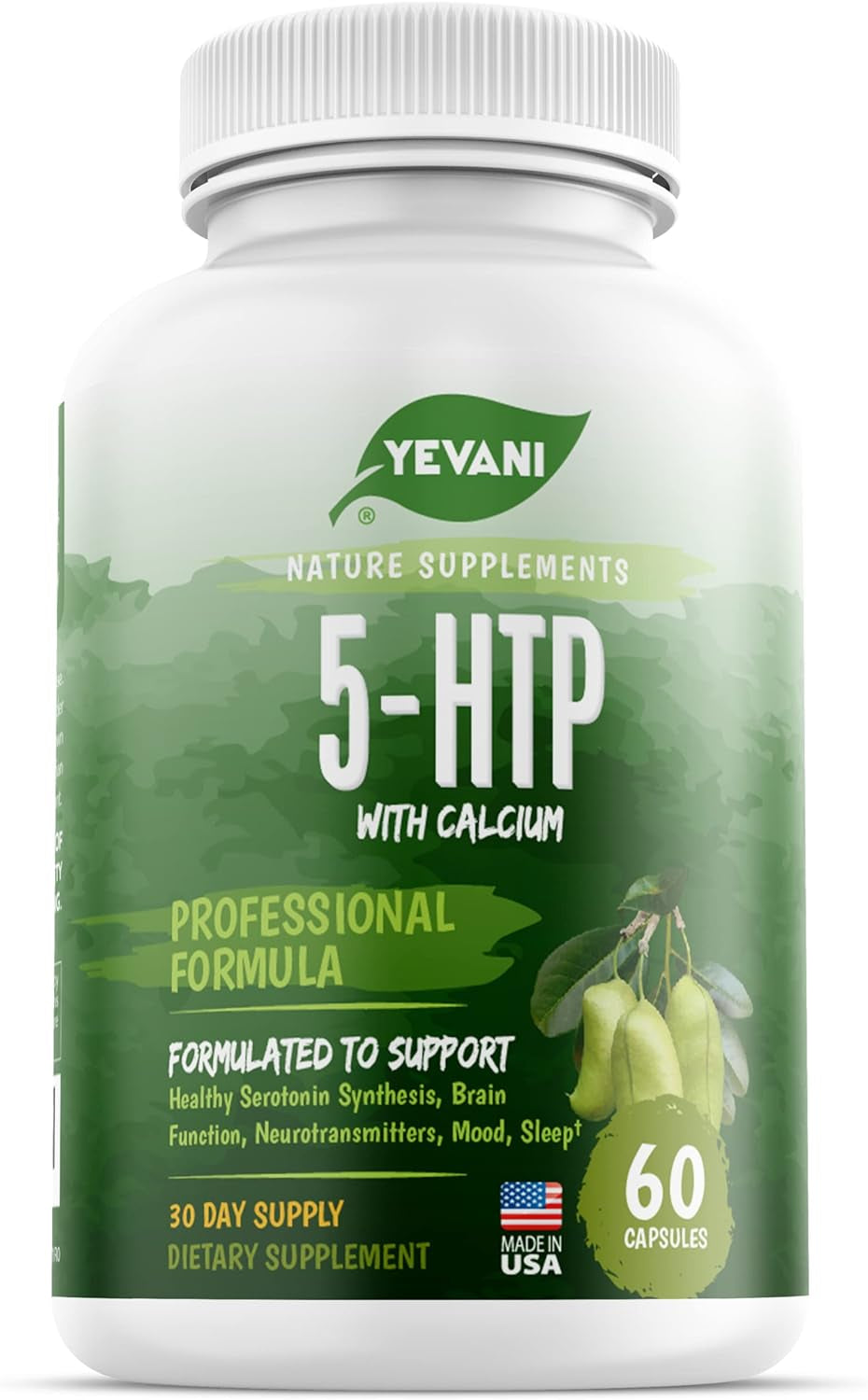 YEVANI 100% Pure 5-HTP Formula with Calcium for Mood, Stress, and Sleep Supplement for Adults - Neurotransmitter Support - 5-Hydroxytryptophan - 60 Capsules, 30 Servings