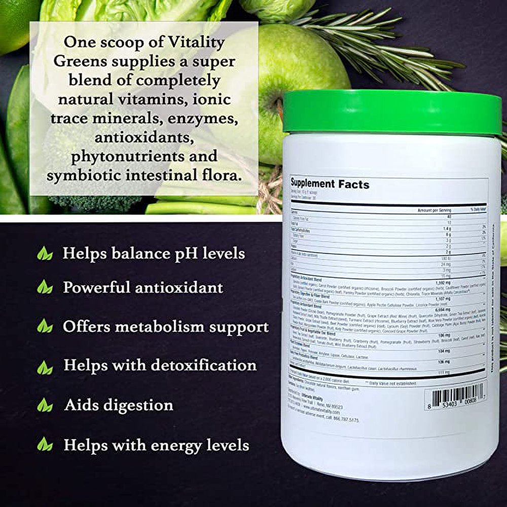 Ultimate Vitality Greens - Green Superfood Detox Powder - Powerful Antioxidant and Detoxification Support with Plant Enzymes and Probiotics - Natural Chocolate Flavor Dietary Supplement - 30 Servings