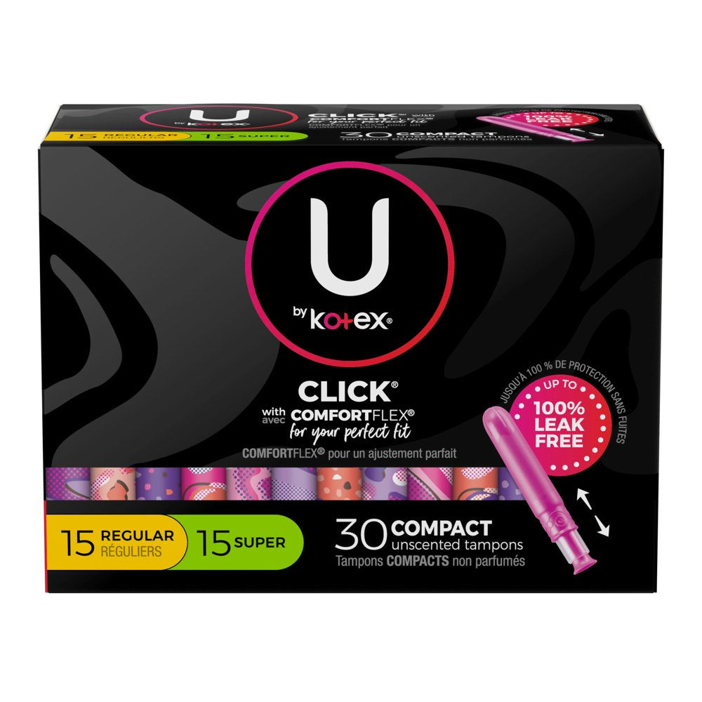 U by Kotex Click Compact Multipack Tampons, Regular/Super, Unscented, 30 Count