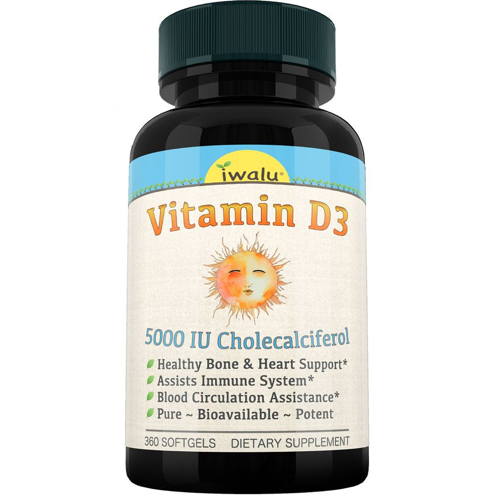 IWALU Vitamin D3 5000 Iu (125 Mcg) 1 Year Supply - Promotes Bone Health, Brain Health, Immune Function, Supports Joint, Breast, Heart, & Colon Health Supplements for Women & Men Non-Gmo Softgel 360 CT
