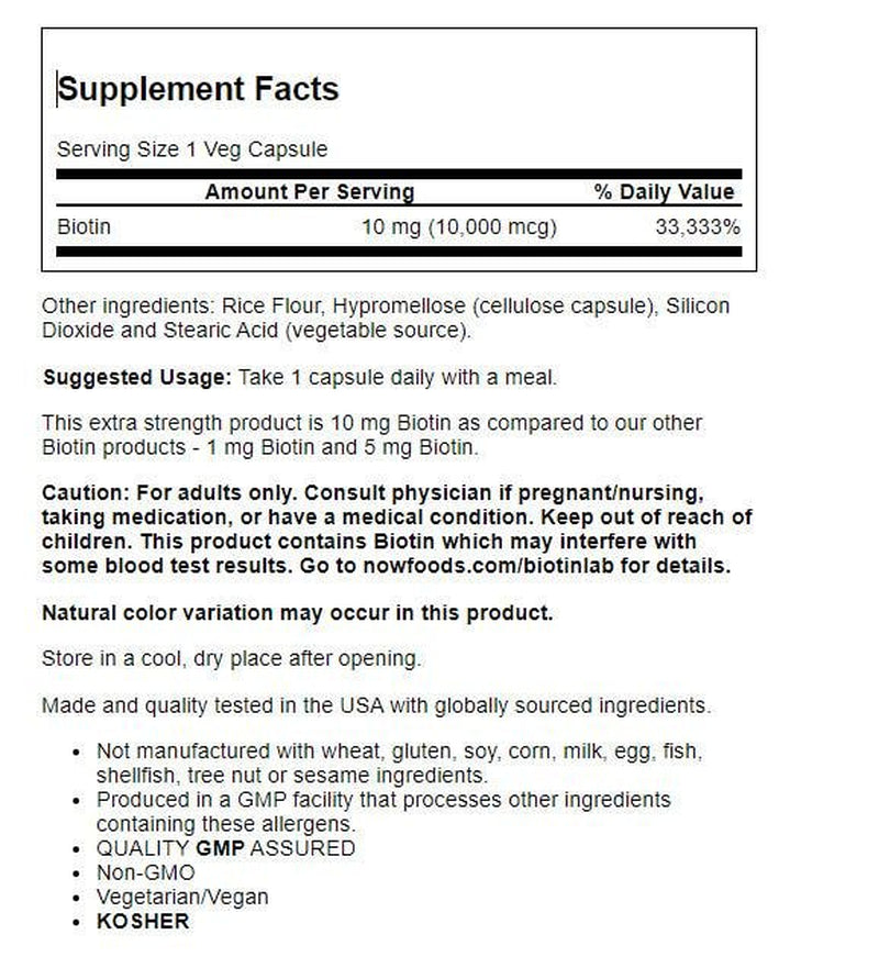 NOW Supplements, Biotin 10 Mg (10,000 Mcg), Extra Strength, Energy Production*, 120 Veg Capsules