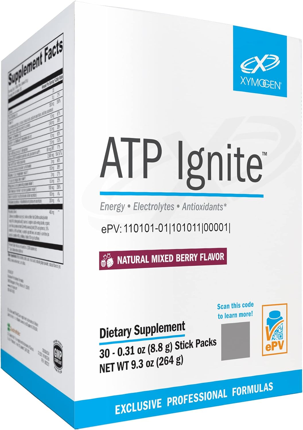 XYMOGEN ATP Ignite Revitalizing Energy Drink Powder - Supports Electrolyte Replacement + ATP Biosynthesis with Antioxidants, Aminos, Vitamins, Electrolytes + 95Mg Caffeine (30 Mixed Berry Stick Packs)