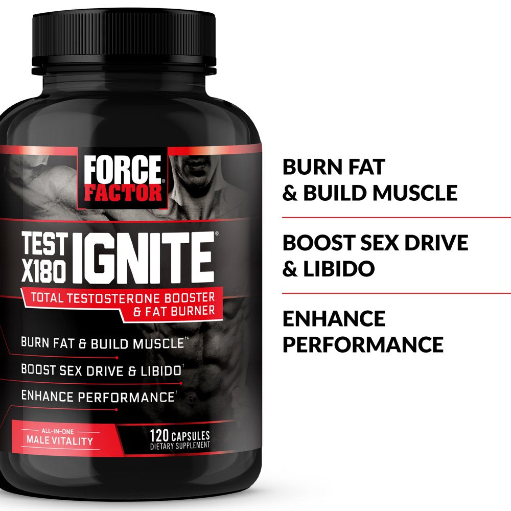 Test X180 Ignite Total Testosterone Booster for Men with Fenugreek Seed and Green Tea Extract to Increase Libido, Burn Fat, Build Lean Muscle, and Improve Performance, Force Factor, 120 Capsules