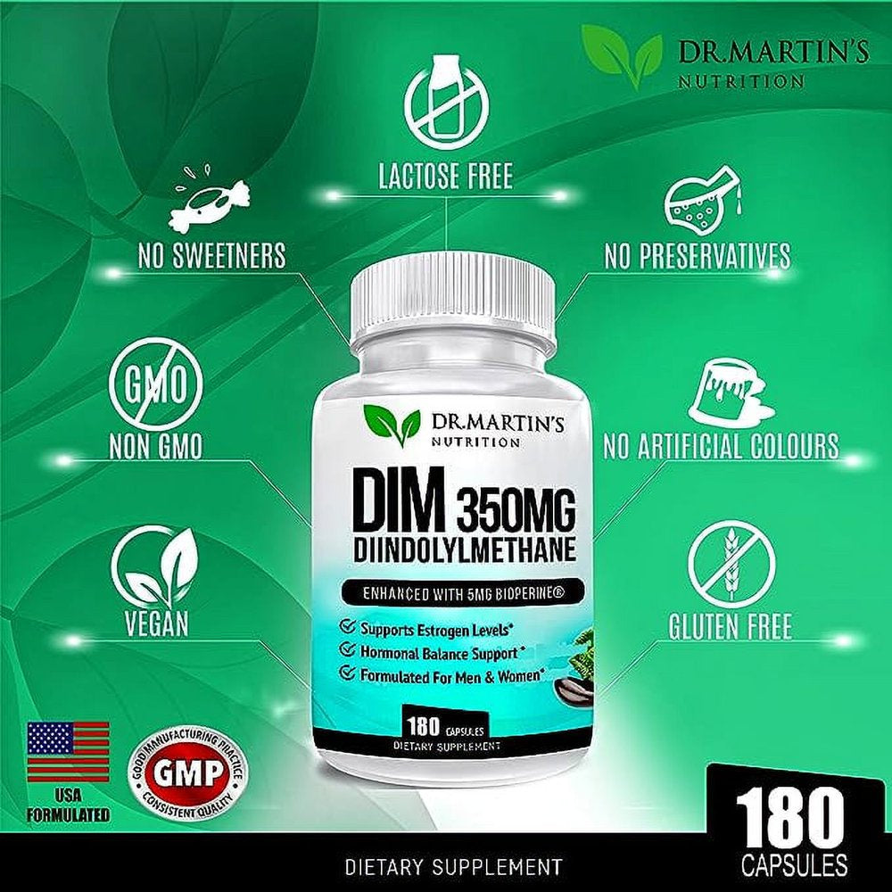 350Mg DIM Supplement plus Bioperine | 6 Months Supply for Estrogen Balance, Hormone Menopause Relief, Supporting Non-Cystic Acne & Bodybuilding | Diindolylmethane for Men & Women | Dr Martin'S