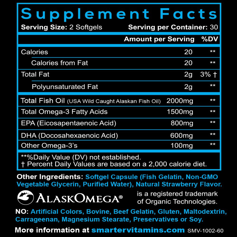 Smartervitamins TRIPLE STRENGTH Brain Support OMEGA 3 FISH OIL, Strawberry Flavor, Burpless, Tasteless, 2000Mg, TRIPLE DHA EPA BRAIN OMEGA'S, Joint Support, Made with Alaskomega®, Heart Support