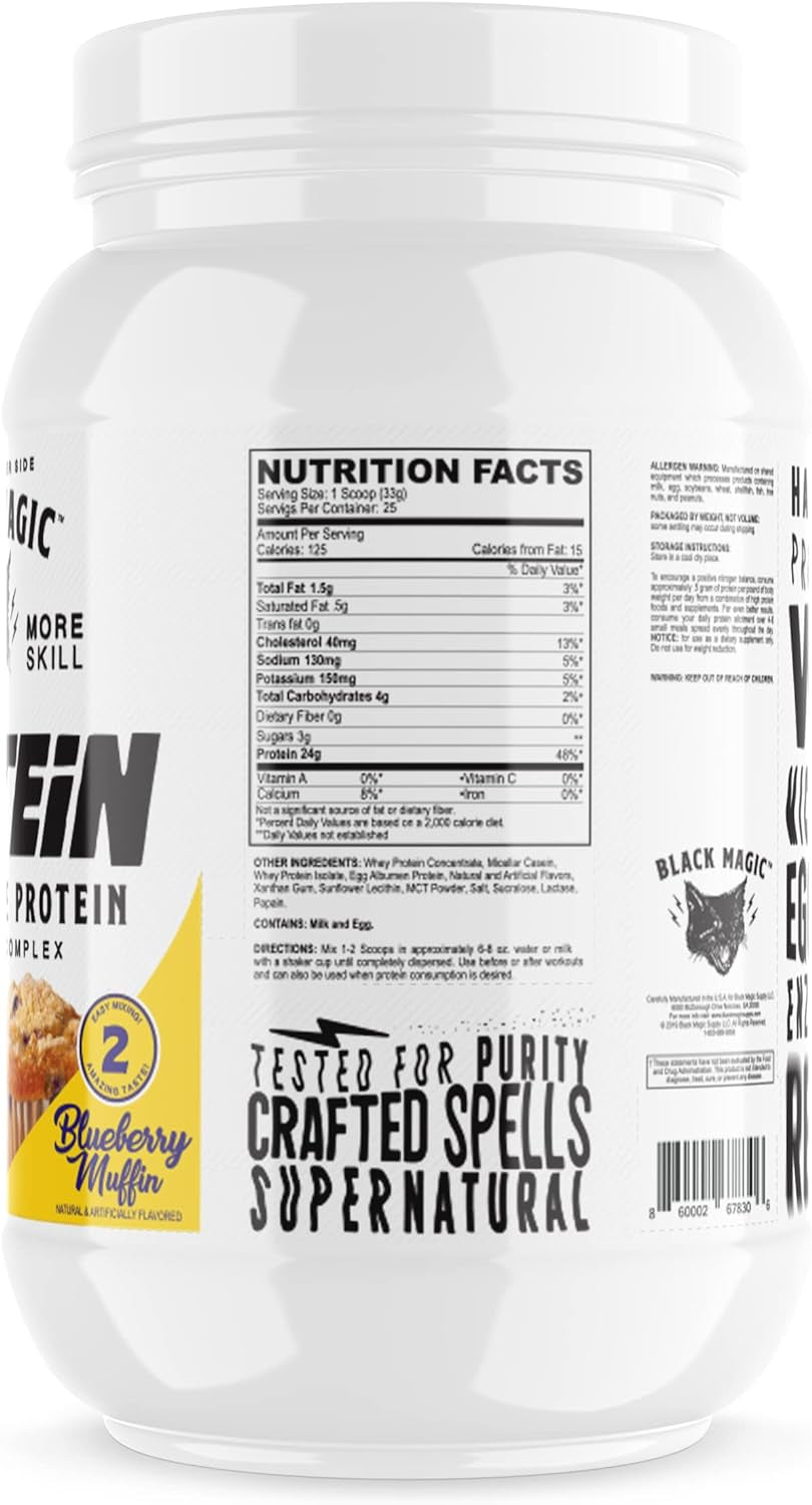 Magician Black Magic Multi-Source Protein - Whey, Egg, Casein Complex with Enzymes & Mct'S - Keto, Low Sugar - Pre/Post Workout - Blueberry Muffin Flavor - 24G Protein - 2 LB