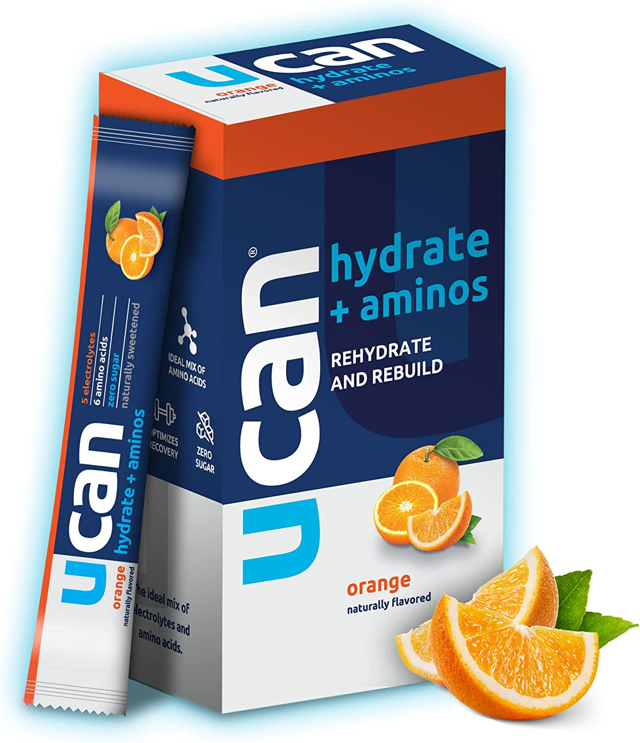 UCAN Hydrate + Aminos Packets, Orange, 10 Count, Keto, Sugar-Free Electrolyte + Muscle Recovery, Essential Electrolytes + Eaas & Bcaas, Non-Gmo, Vegan, for Runners, Gym-Goers, Performance Athletes