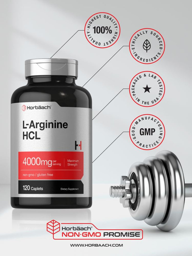 L Arginine 4000Mg | 120 Caplets | Nitric Oxide Precursor | by Horbaach