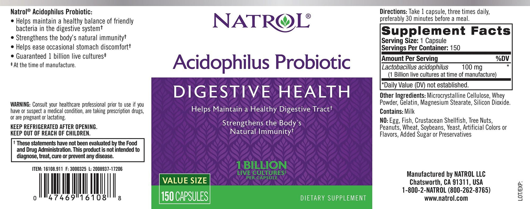 Natrol Acidophilus 100Mg Capsules, Unflavored, Purple, 150 Count, Pack of 3