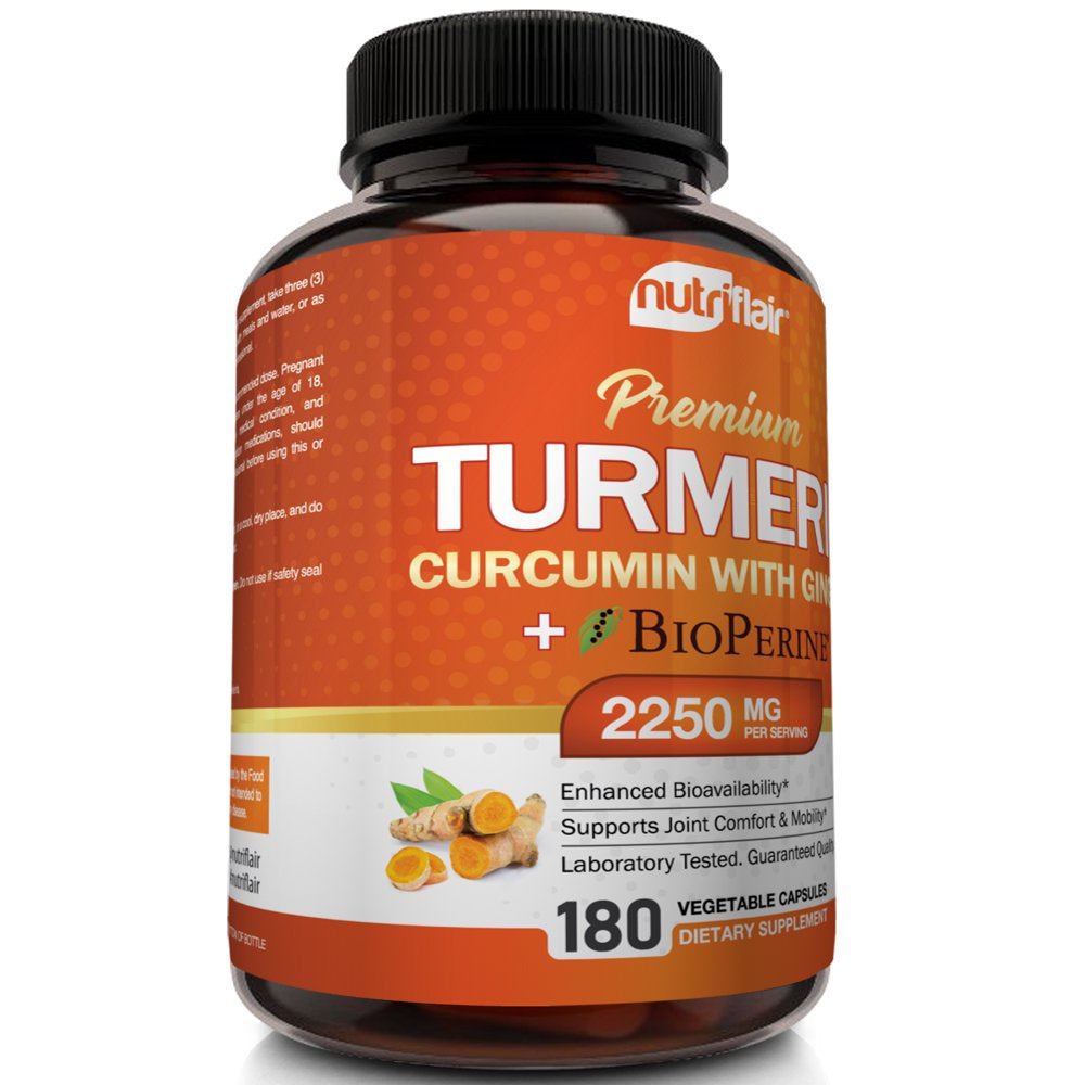 Turmeric Curcumin with Ginger and Bioperine Black Pepper Antioxidant Supplement, 180 Capsules - 100% Natural, Non-Gmo, Vegan Best Maximum Potency