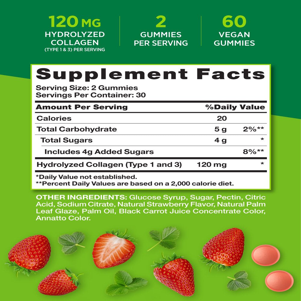 Nature'S Truth Beauty Collagen Gummies | 60 Count Type 1 and 3 | Natural Strawberry Flavor | Non-Gmo, Gluten Free Collagen Peptide Supplement