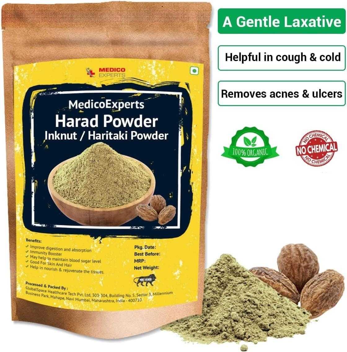 CROW Haritaki Powder Organic - 100 GMS | 100% Pure Harde Powder | Kadukkai Powder | Harad Powder | Inknut Powder for Dark Circles, Face, Skin & Healthy Digestion