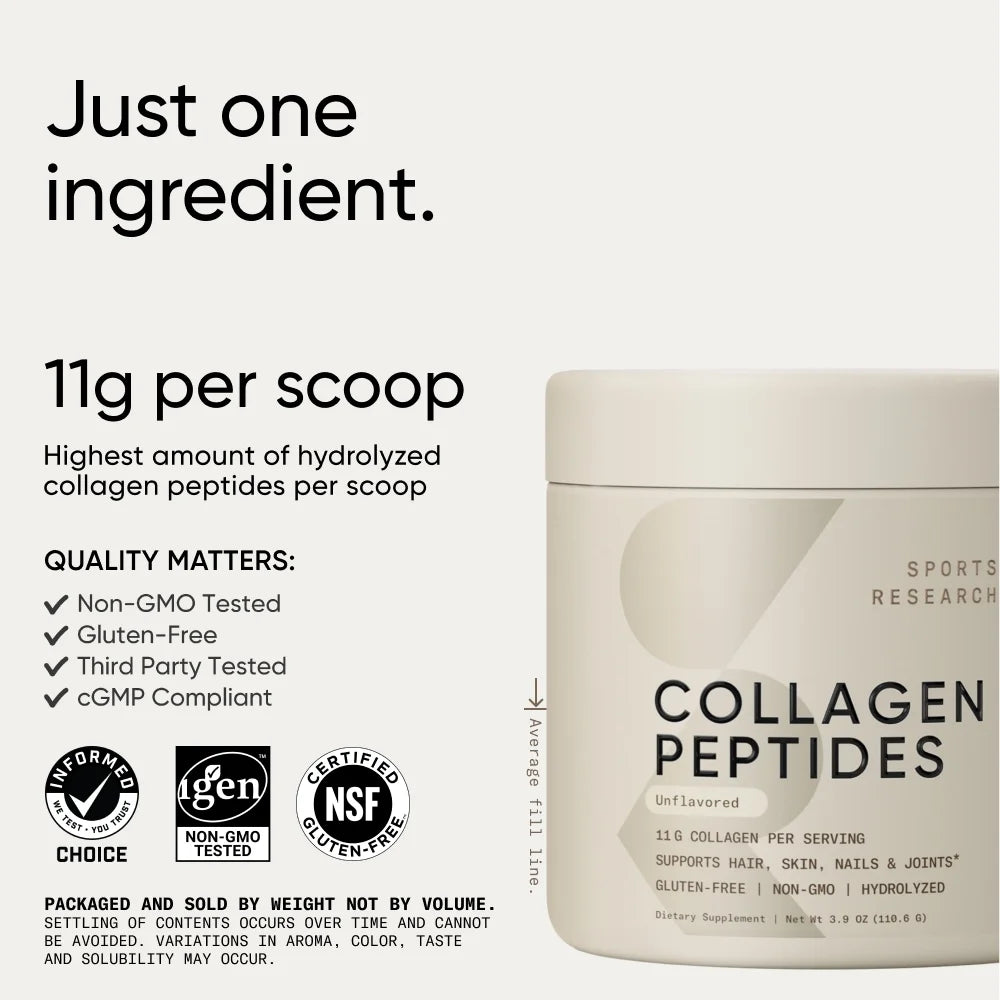 Sports Research Collagen Peptides, Hydrolyzed Type I & III Collagen, Unflavored, 3.9 Oz (110.7 G)