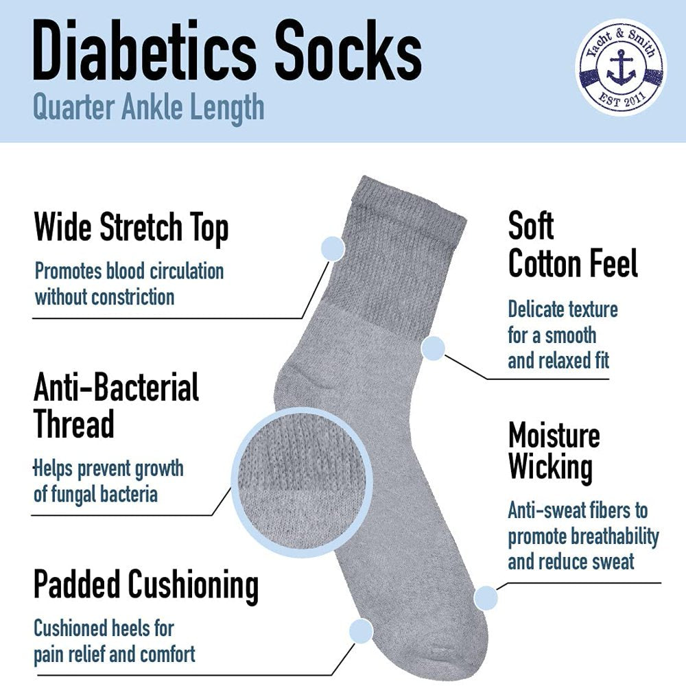 12 Pairs of Yacht & Smith Mens Diabetic Ankle Socks, Low Cut Athletic Sport Sock (Gray)