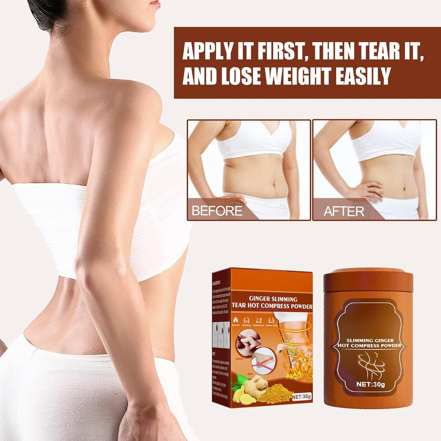 30G Ginger Hot Compress Powder for Slimming Shaping, Ginger Fat Burning Powder for Belly Leg Arms - Inhibit Fat Cell Accumulation