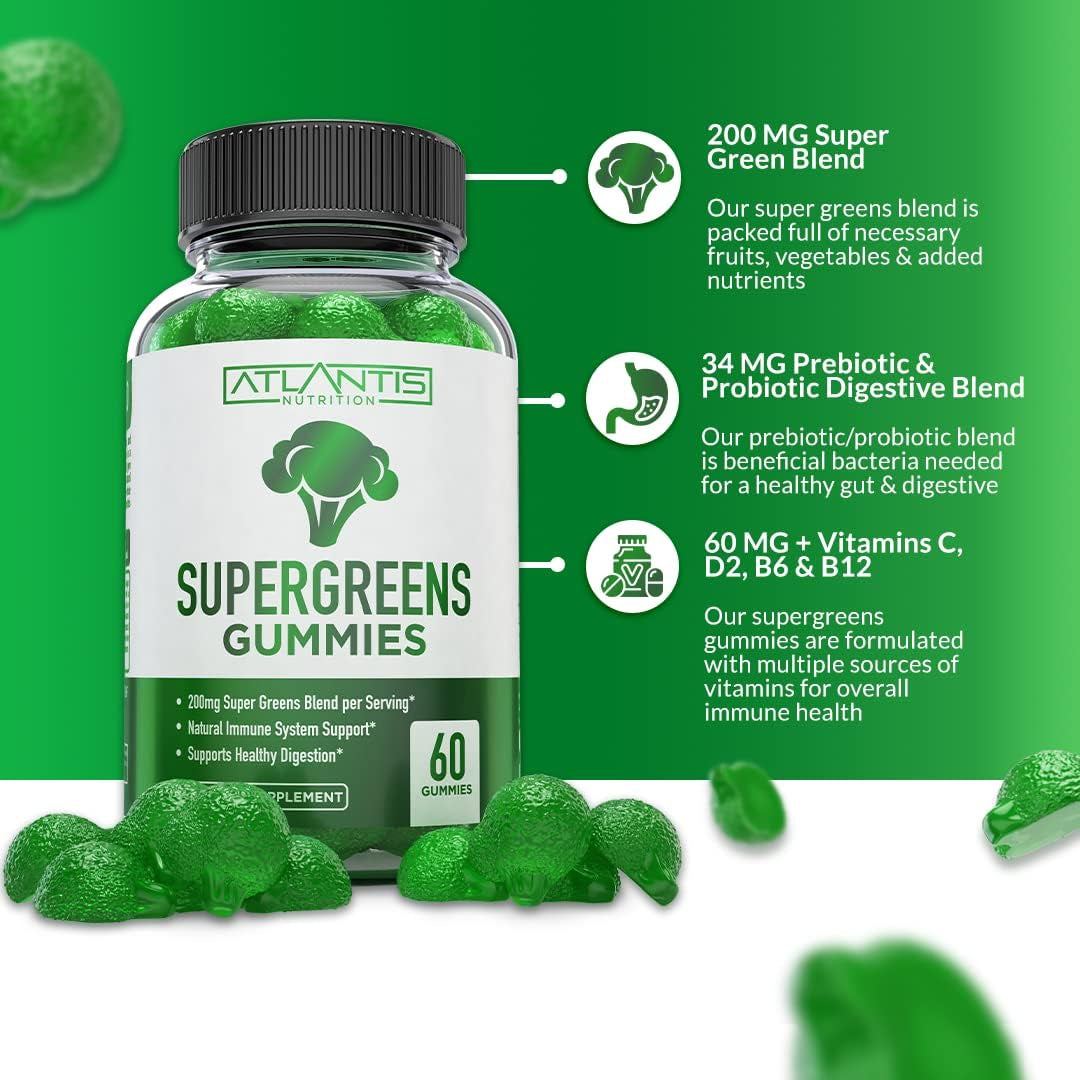 60 Supergreens Gummies Daily Green Superfoods Supplement + 60 Keto Apple Cider Vinegar Gummies Advanced Weight Loss.