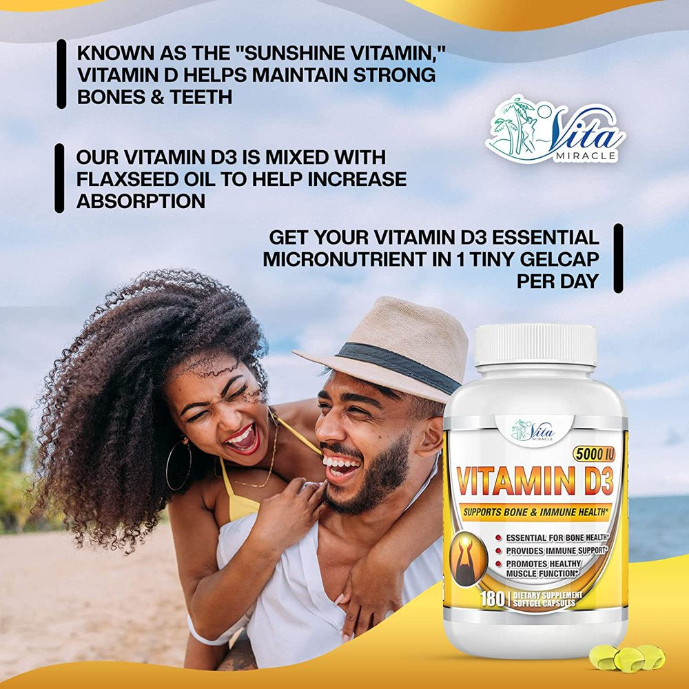 Vitamin D3 5000 IU Softgels High Potency Vitamin D Supplements for Women Men in Organic Flaxseed Oil May Support Healthy Bones Heart Muscle Function Immune Support Pure Vitamin D 3 Pills (180 Count)