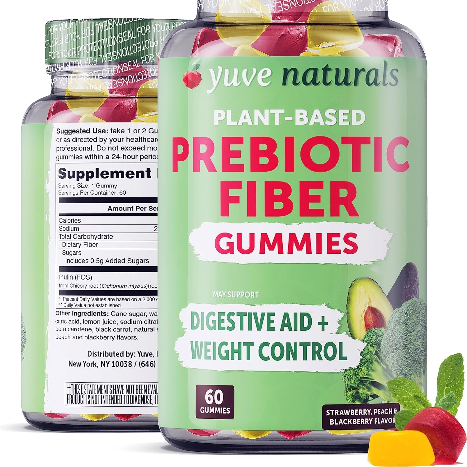 Yuve Prebiotic Fiber Gummies - Delicious - 3G Soluble Fiber Supplement - Supports Digestive Health & Regularity - Vegan & Gluten-Free Fiber Gummies for Adults & Kids - Non-Gmo & Low Sugar - 60 Count