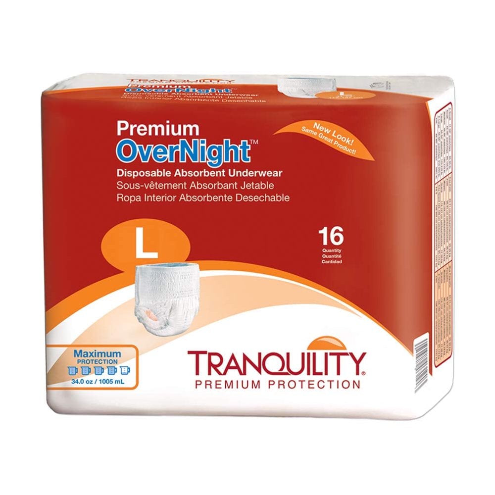 Tranquility Premium Overnight Disposable Absorbent Underwear, Large, Maximum Protection, 16 Ct Bag