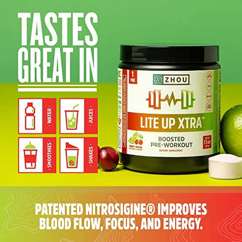 Zhou Nutrition Lite up Xtra, Vegan Pre Workout Powder with Caffeine, Clean Energy Sourced from Green Tea, Nitric Oxide Booster, Gluten and Sugar Free, Non GMO, Cherry Limeade, 7.5 Oz