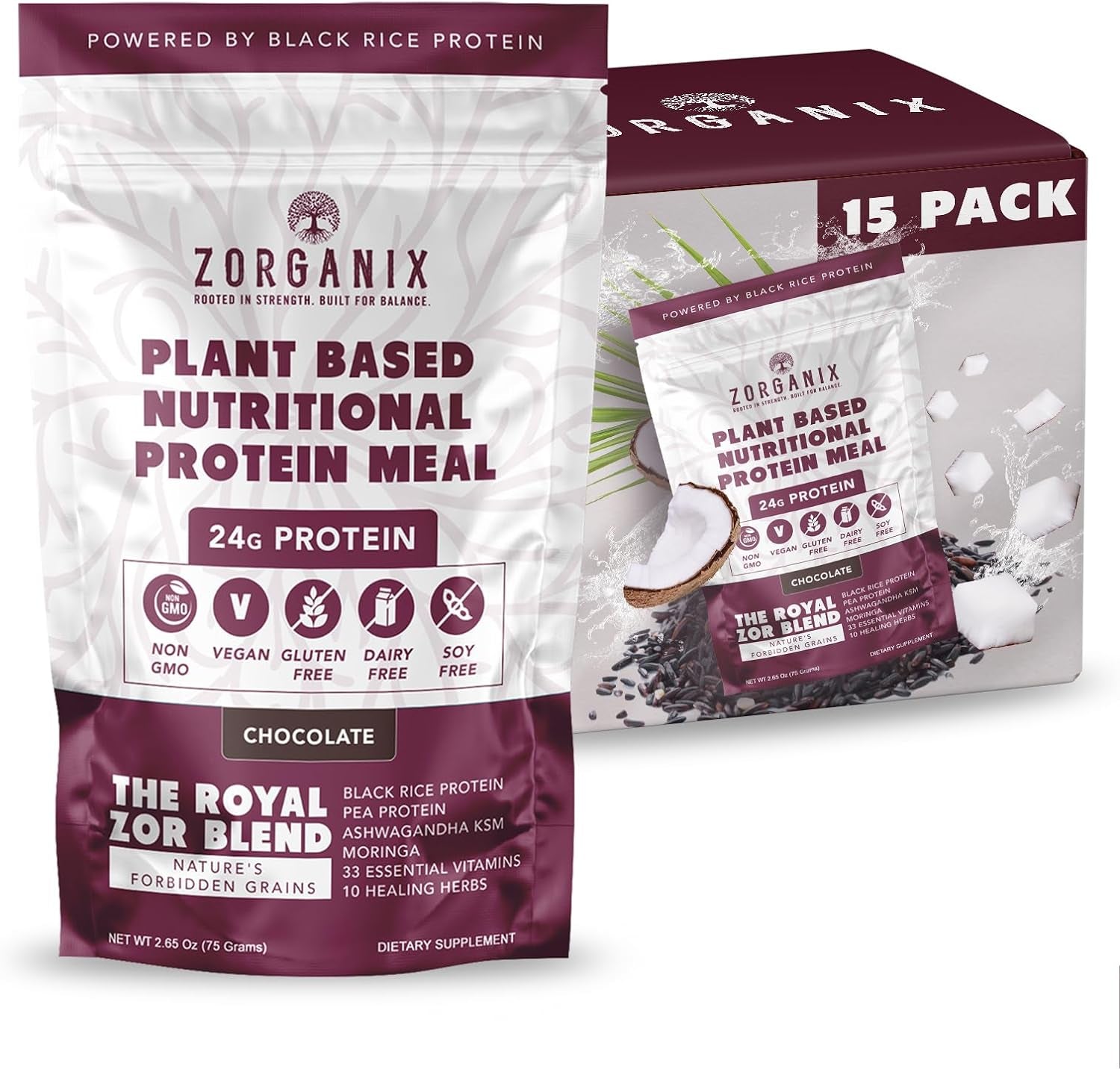 Zorganix Black Rice Protein Powder; Plant Based Organic Protein Powder Meal Replacement Shake; 15 Single Serve Packs with 24G of Protein per Serving; Vegan & Gluten Free; 2.32 Pounds (Chocolate)