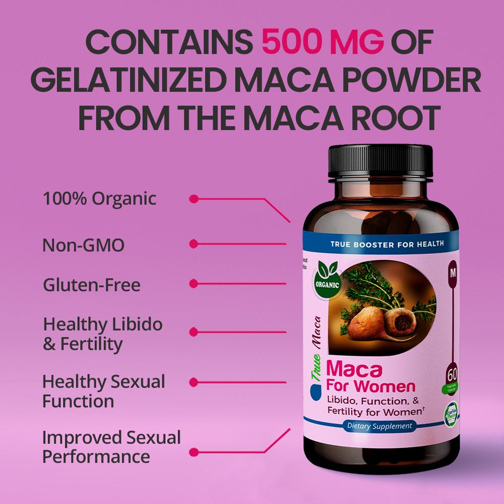 Truemed Maca for Women Libido, Function and Fertility for Female Organic Gelatinized Maca Powder Mood Support, Reproductive Health and Energy 500 Mg 60 Capsules