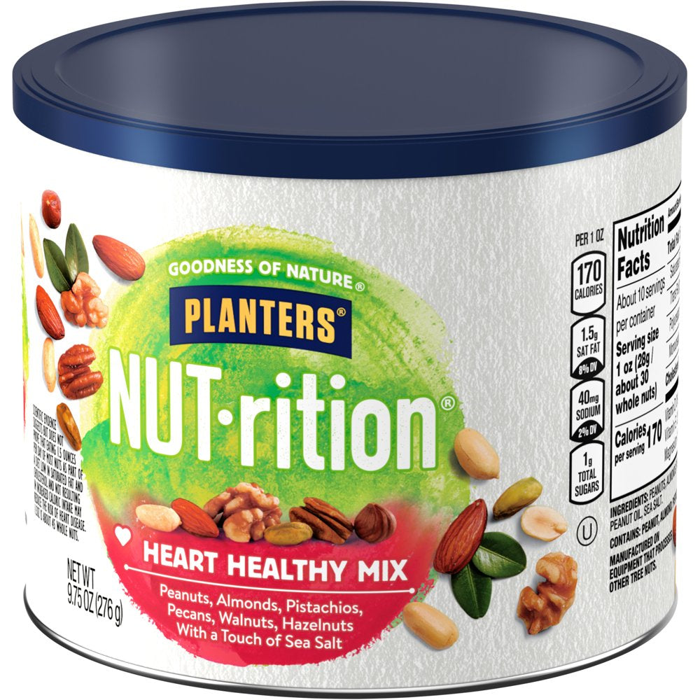 NUT-RITION Heart Healthy Nut Mix with Peanuts, Almonds, Pistachios, Pecans, Walnuts, Hazelnuts Sea Salt, 9.75 Oz Canister