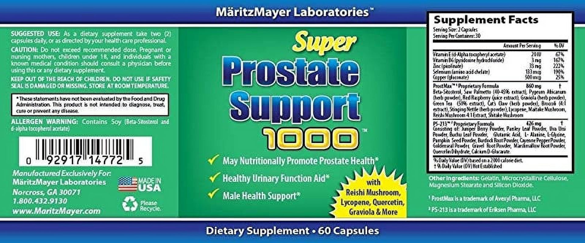 Super Prostate Support 1000 Helps Maintain Urinary Health and Prostate Function Includes Saw Palmetto and over 30 More All Natural Herbs 4 Bottles