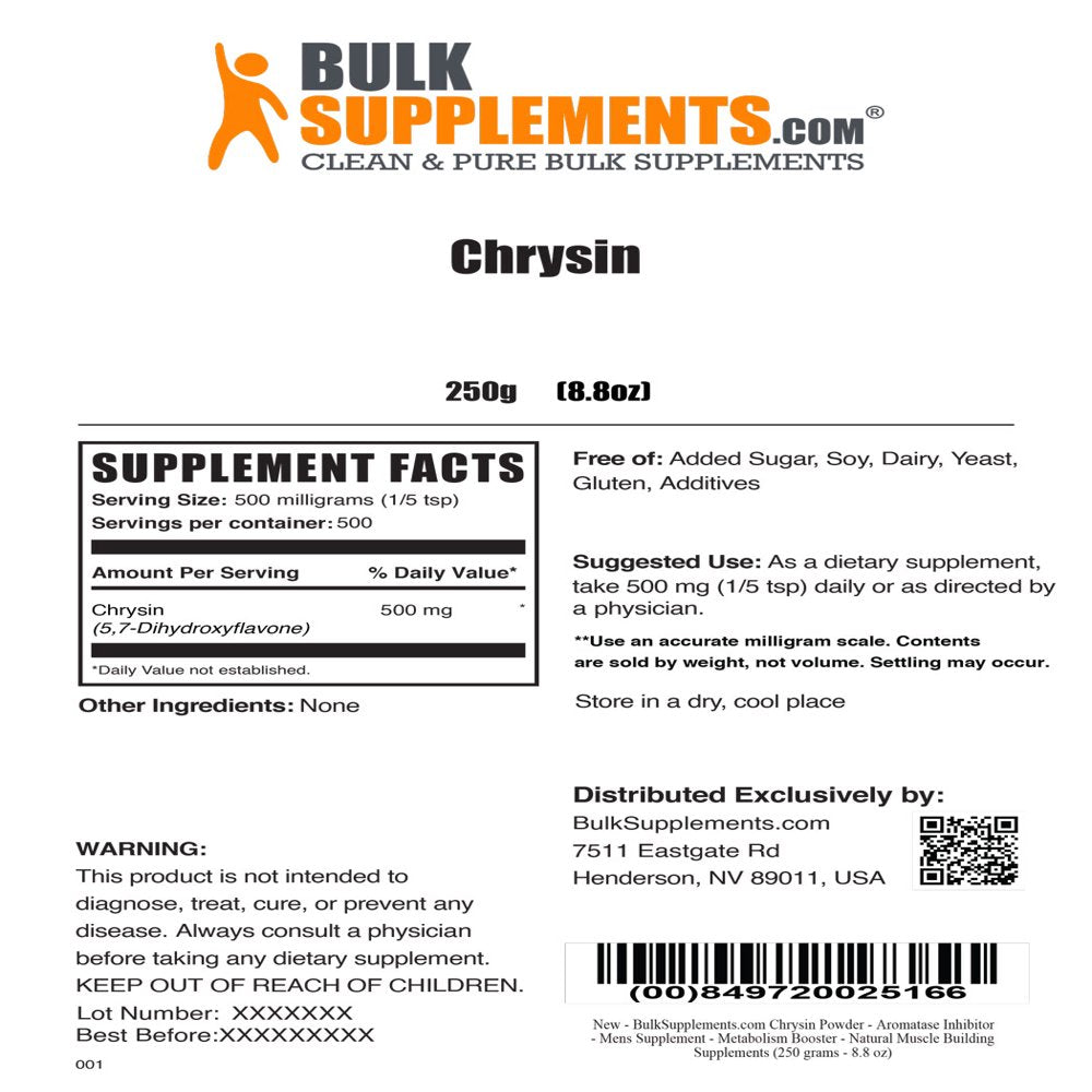 Bulksupplements.Com Chrysin Powder - Metabolism Booster - Aromatase Inhibitor - Natural Muscle Building Supplement (250 Grams - 8.8 Oz)