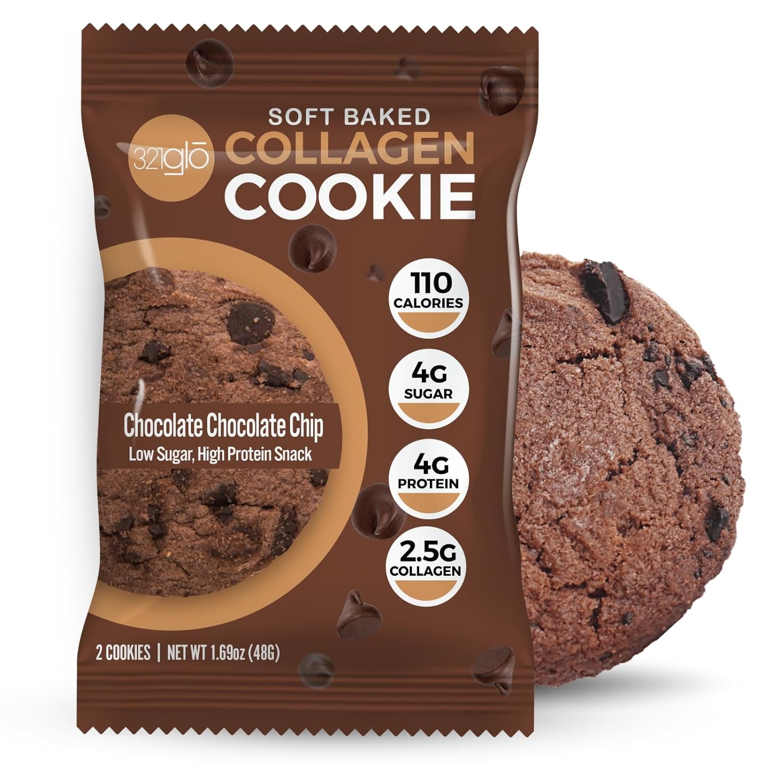 321Glo Collagen Cookies | Soft Baked, High Protein Cookies | Low Carb, Low Sugar | Keto Snack for Women, Men, & Kids | 6 Pack (Chocolate Chocolate Chip)