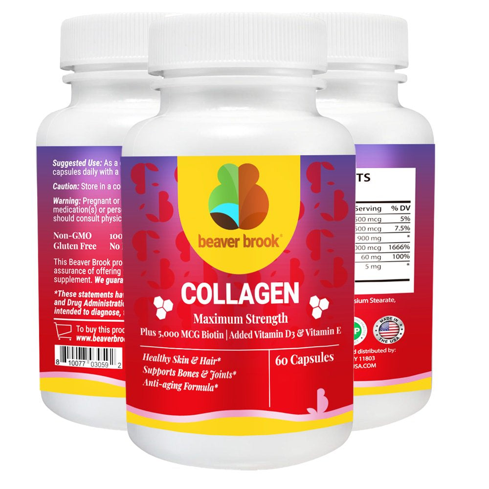 Beaver Brook Collagen Anti-Aging Formula Capsules Collagen 900Mg + 5,000 Mcg Biotin; Non-Gmo and Gluten-Free - 2 Pack