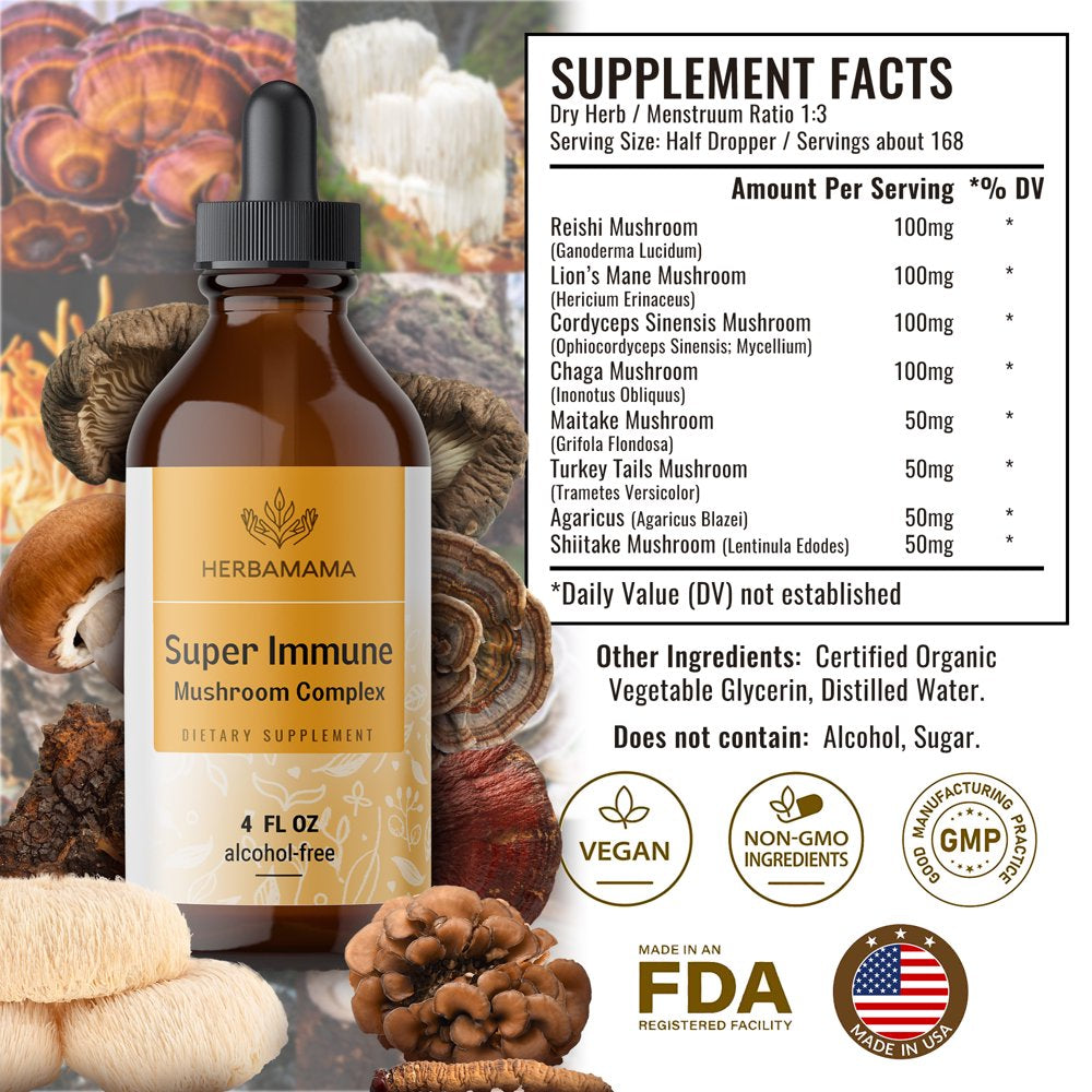 HERBAMAMA Super Immune Mushroom Complex Liquid Extract - Immune Support & Energy Supplement, 4 Fl. Oz