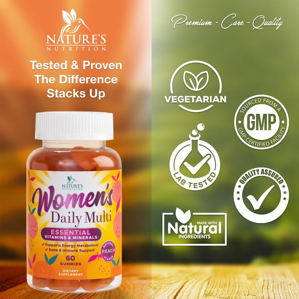 Nature'S Nutrition Womens Multivitamin Gummies - Peach Flavored Daily Vitamins for Women with Vitamins A, C, D, E, B6, B12, Biotin, Folate, Zinc, & More - Energy & Immune Health Support - 60 Gummies