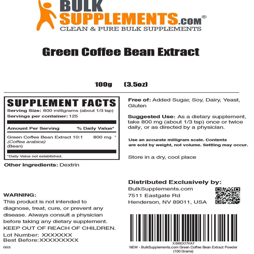 Bulksupplements.Com Green Coffee Bean Extract Powder, 800Mg - Energy Boosting - Fat Burning Supplement (100G - 125 Servings)