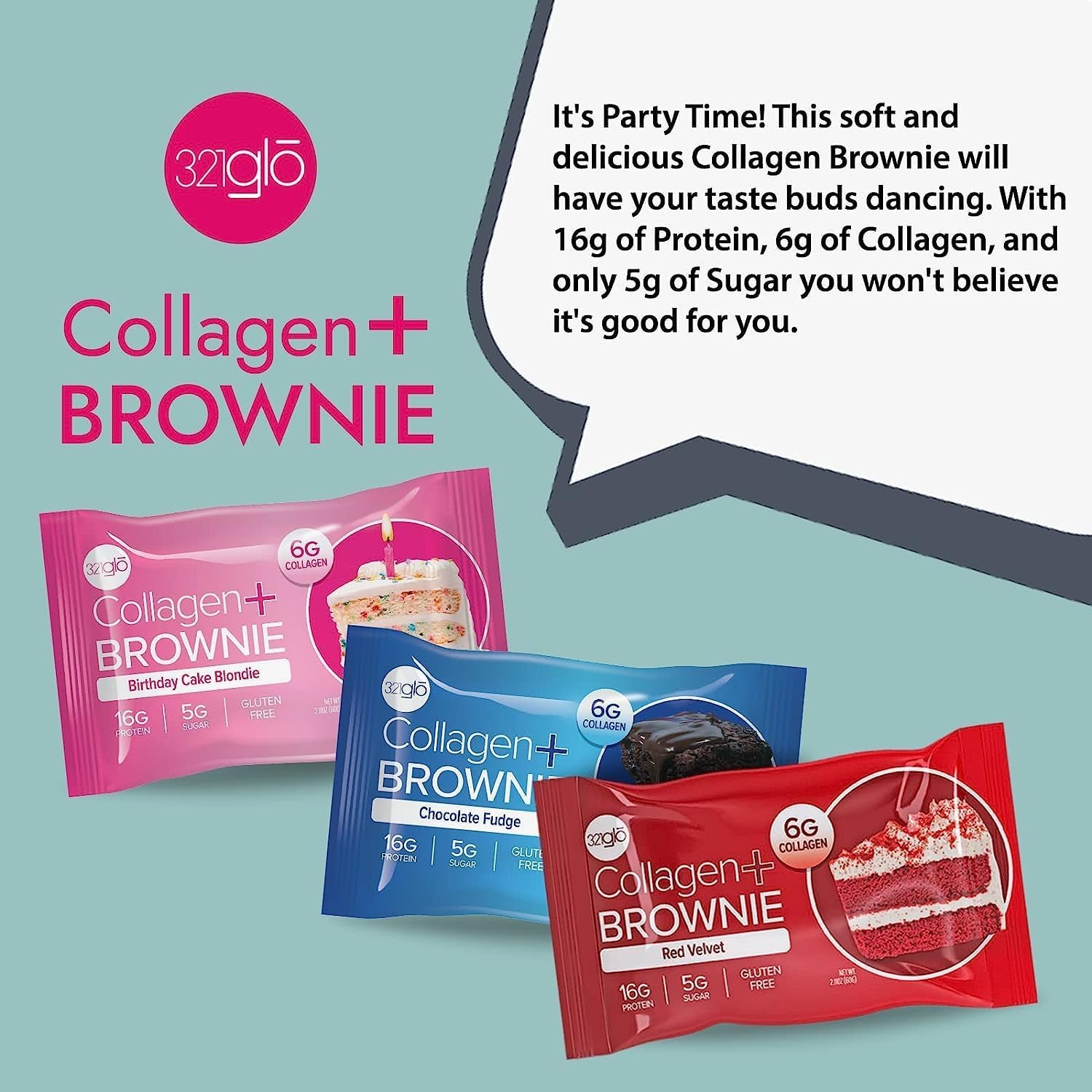 321Glo Collagen Protein Brownie | Gluten Free, Low Sugar | Keto Snack for Women, Men, & Kids | 16G Protein, 6G Collagen | 12 Pack (3 Flavor Variety Pack)