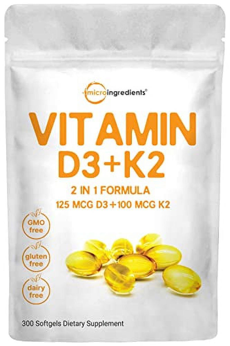 Vitamin D3 5000IU plus K2, 2 in 1 Formula, Vitamin D3 with MK7 Vitamin K2, 300 Soft-Gels, Immune Vitamin Complex with Virgin Sunflower Seed Oil, Support Heart, Teeth & Joint Health, Easy to Swallow