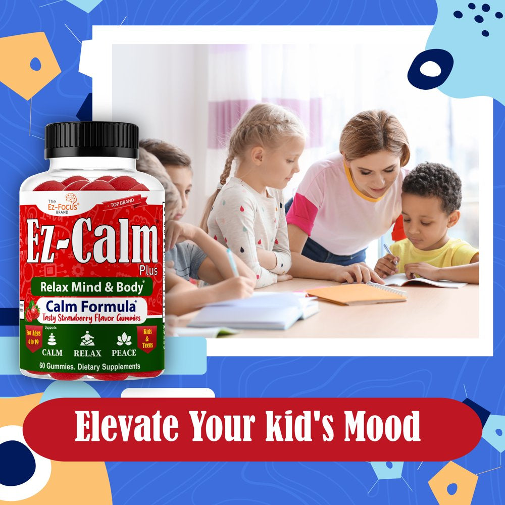 Ez-Calm Ashwagandha Root Gummies for Kids & Teens, Support Calm Mood and Focus, Sleep, anti Stress, Memory, Energy, Relaxation, Low Sugar Vegan Ashwagandha Gummies Strawberry Flavored- 60 Gummies