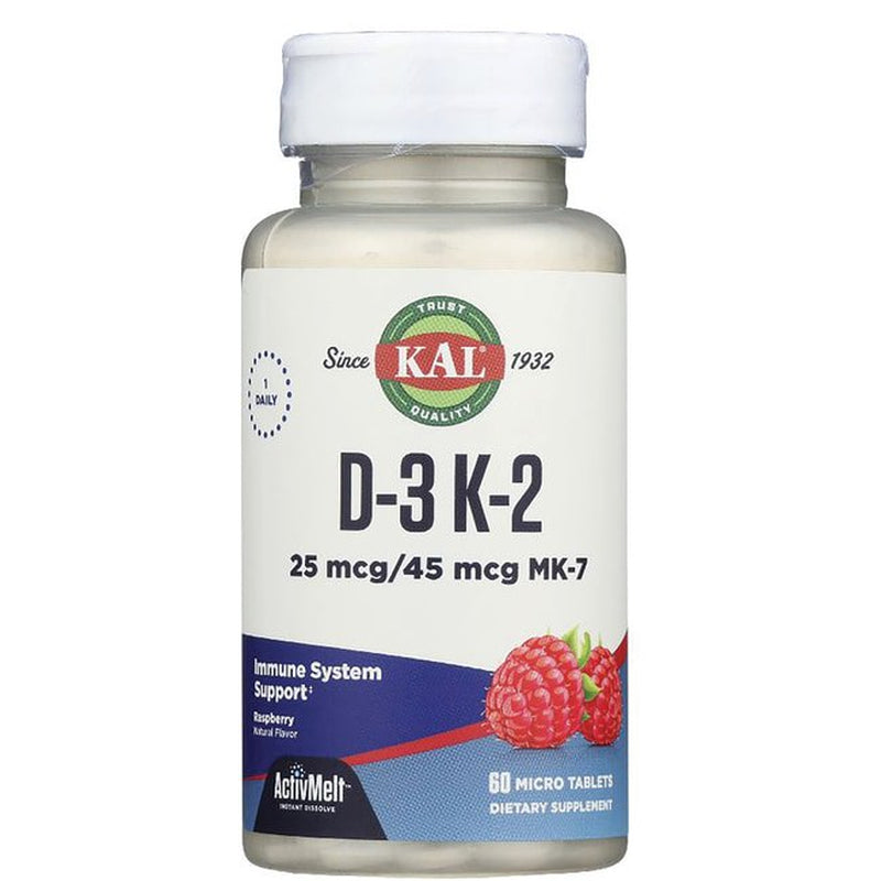 KAL D-3 and K-2 Activmelt | Healthy Bones, Heart & Immune Function Support | Instant Dissolve Tabs | Natural Red Raspberry Flavor | 60 Micro Tablets