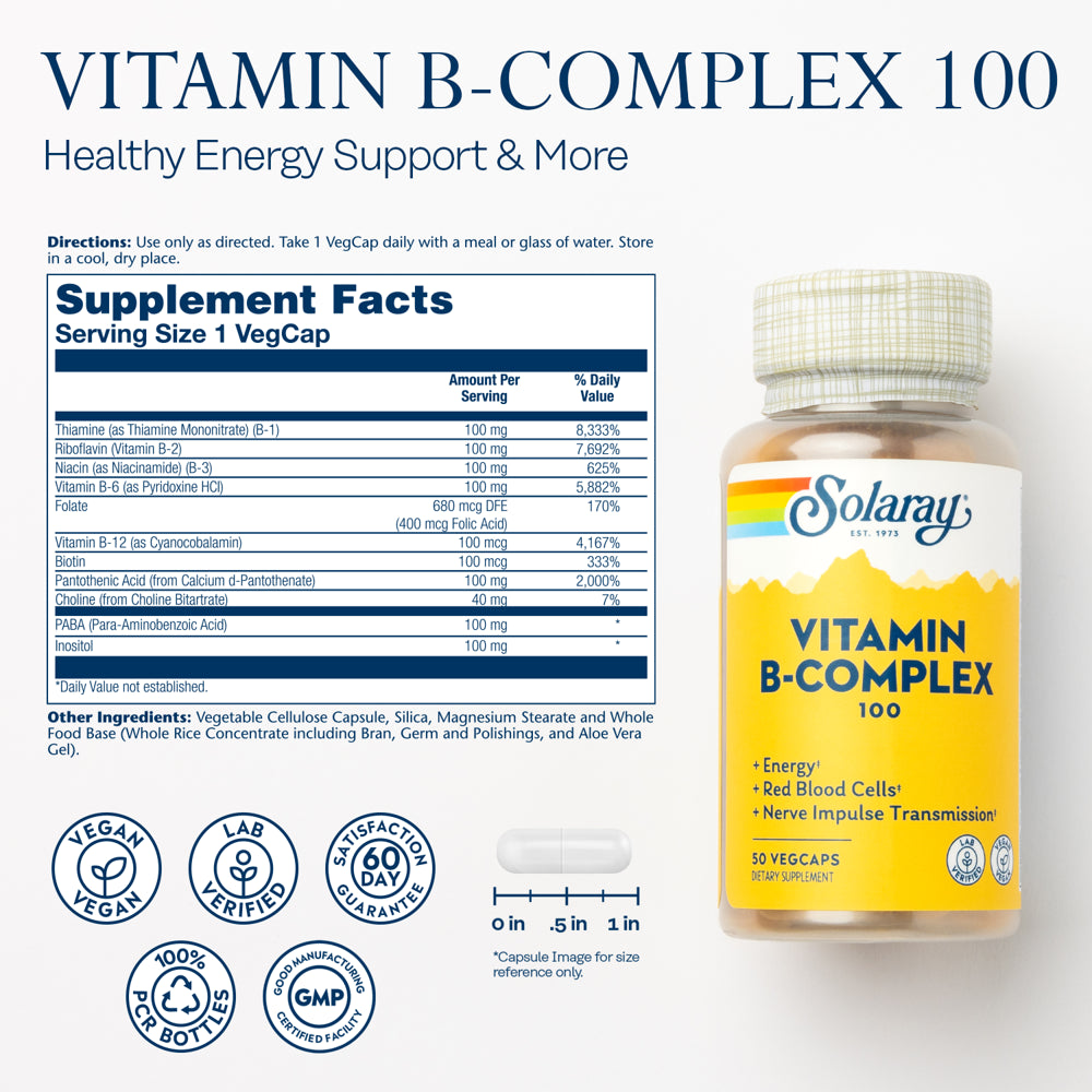 Solaray Vitamin B-Complex 100 Mg, Healthy Energy, Blood Cell Formation & Nerve Impulse Transmission Support, 50 Vegcaps
