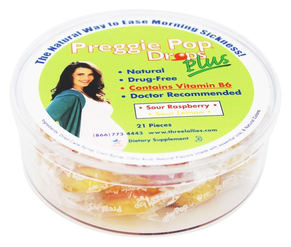 Three Lollies - Preggie Pop Drops plus Sour Raspberry & Sour Lemon - 21 Piece(S) - Over-The-Counter Morning Sickmess Relief during Pregnancy - Safe for Pregnant Mom and Baby